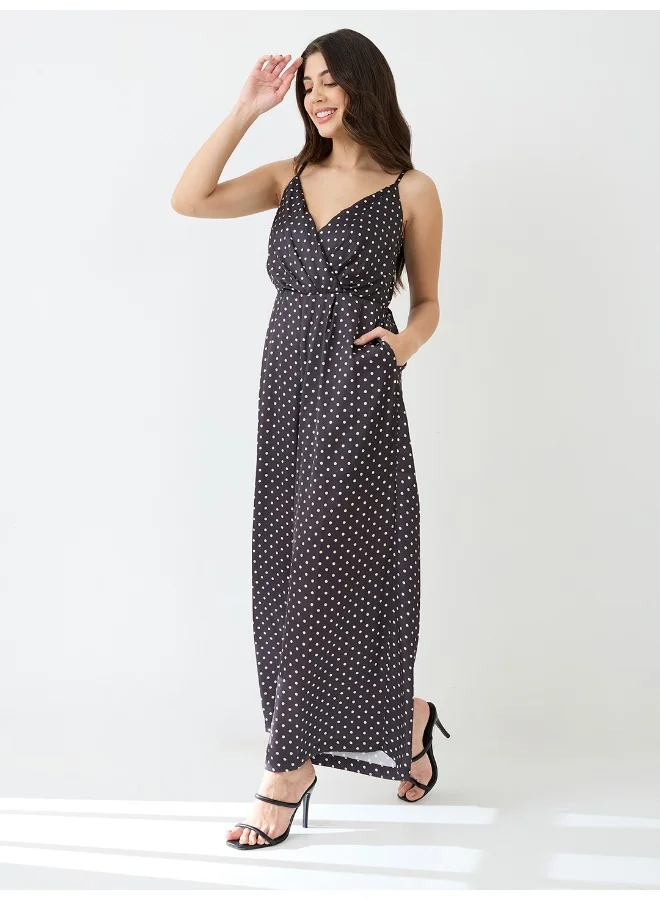 globus Women Polka Dots Wrap Neck Strappy Shoulder Satin Party Jumpsuit