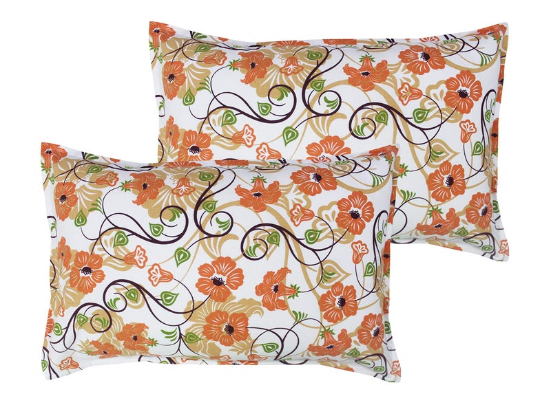 Airwill 100% Cotton Floral Pattern Flap Pillow Covers (46x69cm)(Orange, Green, Pack of 2 Pieces) - Image 1