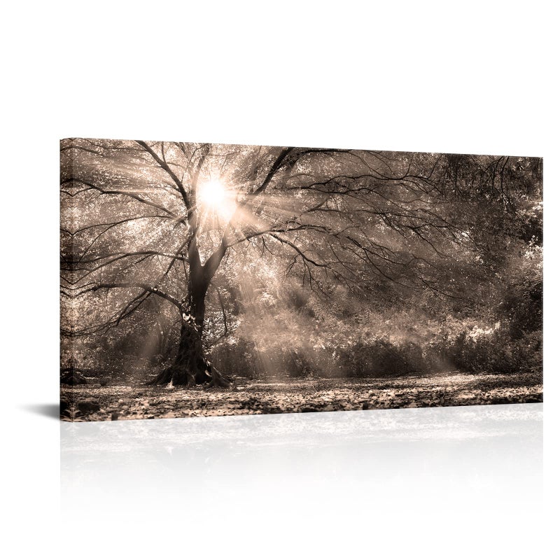 LevvArts Big Tree Sunshine Wall Art Canvas Nature Forest Landscape Picture Painting Vintage Sepia Photo Prints Artwork for Home Living Room Bedroom Office Decor 24"x48" - Image 1
