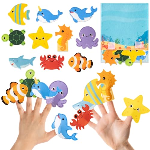 COcnny Sea Animal Finger Puppets 11pcs Ocean Animal Felt Finger Puppet with Under The Sea Bag Set Making Crafts Kit for Kids Make Your Own Story Telling Toys Role Play for Boy Girl Toddle Age 38 - Image 1
