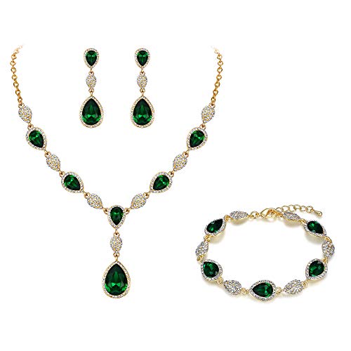 EleQueen Women's Wedding Bridal Jewelry Sets for Brides Bridesmaids, Cubic Zirconia Teardrop Necklace Tennis Bracelet Dangle Earrings Jewellery Set Emerald Color - Image 1
