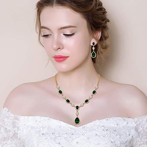 EleQueen Women's Wedding Bridal Jewelry Sets for Brides Bridesmaids, Cubic Zirconia Teardrop Necklace Tennis Bracelet Dangle Earrings Jewellery Set Emerald Color - Image 3