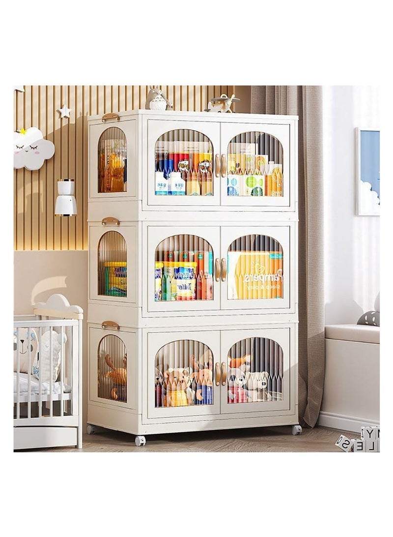 Foldable Storage Bins Stackable Storage Box Organizer Plastic Folding Stoarge Wardrobe Cabinet with Doors and Wheels for Home Bedroom Dormitory Baby Clothes Snacks Toys Books (55x32.5x96.5cm, Beige)  - Image 1