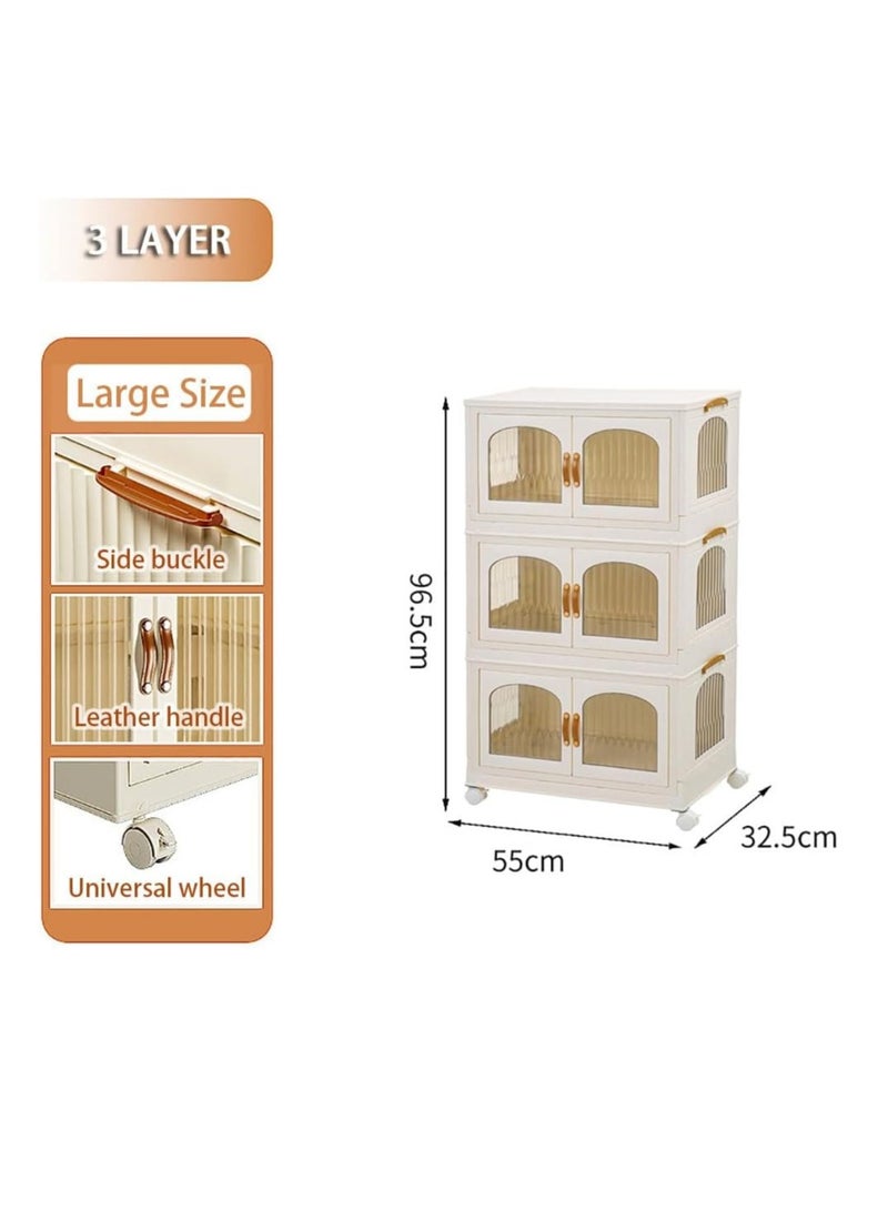 Foldable Storage Bins Stackable Storage Box Organizer Plastic Folding Stoarge Wardrobe Cabinet with Doors and Wheels for Home Bedroom Dormitory Baby Clothes Snacks Toys Books (55x32.5x96.5cm, Beige)  - Image 2