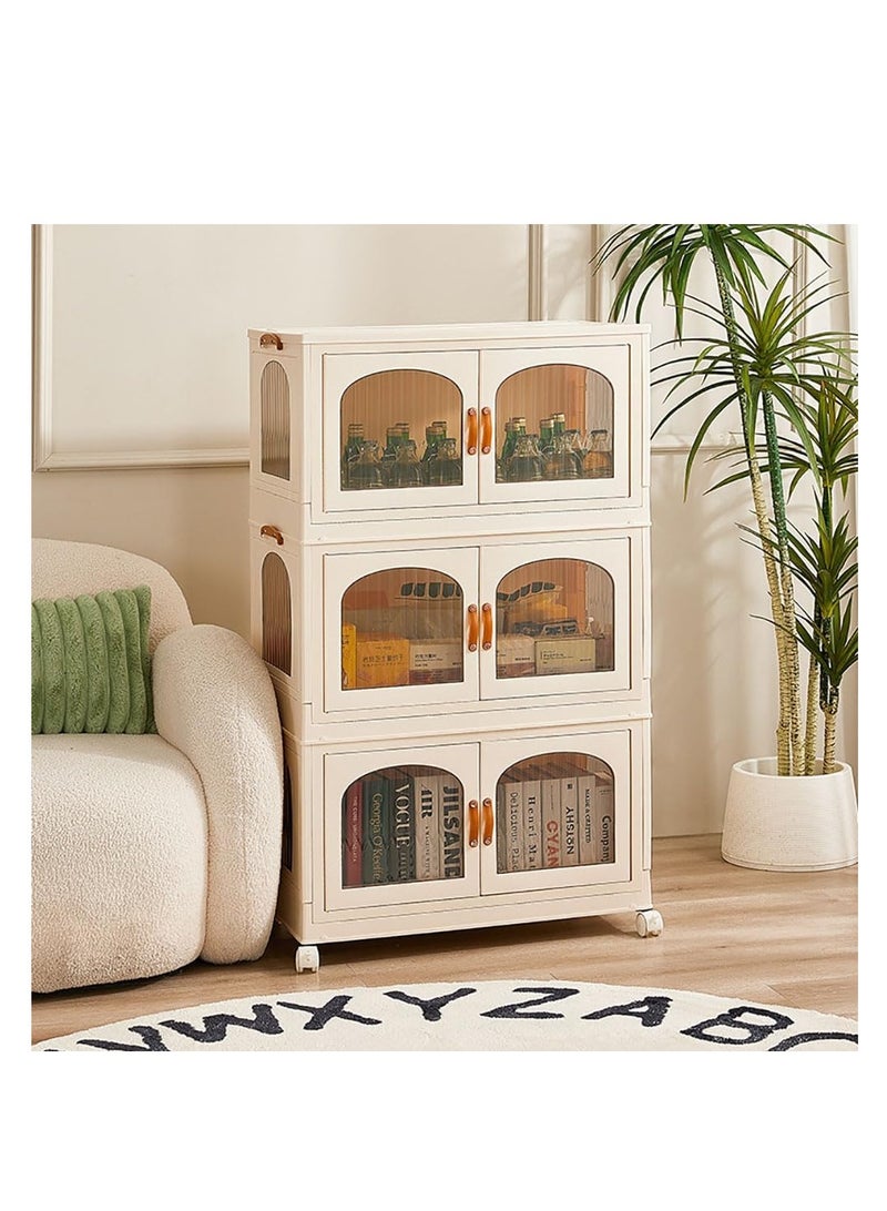 Foldable Storage Bins Stackable Storage Box Organizer Plastic Folding Stoarge Wardrobe Cabinet with Doors and Wheels for Home Bedroom Dormitory Baby Clothes Snacks Toys Books (55x32.5x96.5cm, Beige)  - Image 5