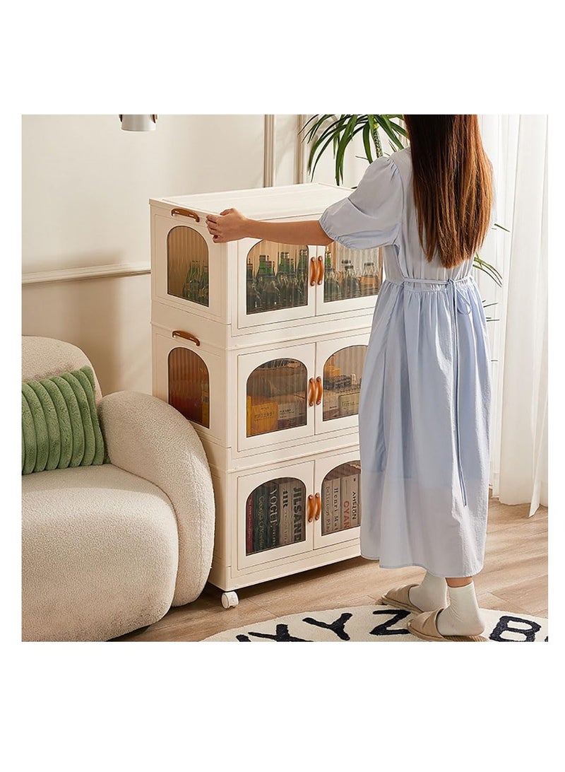 Foldable Storage Bins Stackable Storage Box Organizer Plastic Folding Stoarge Wardrobe Cabinet with Doors and Wheels for Home Bedroom Dormitory Baby Clothes Snacks Toys Books (55x32.5x96.5cm, Beige)  - Image 4