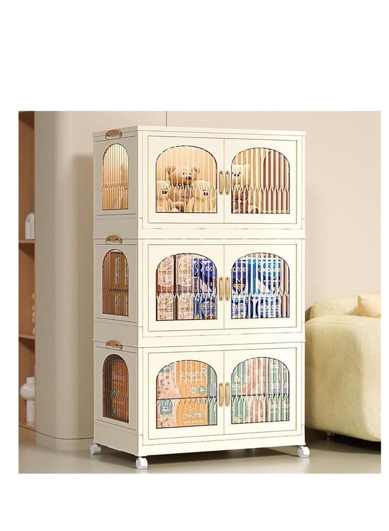Foldable Storage Bins Stackable Storage Box Organizer Plastic Folding Stoarge Wardrobe Cabinet with Doors and Wheels for Home Bedroom Dormitory Baby Clothes Snacks Toys Books (55x32.5x96.5cm, Beige)  - Image 3