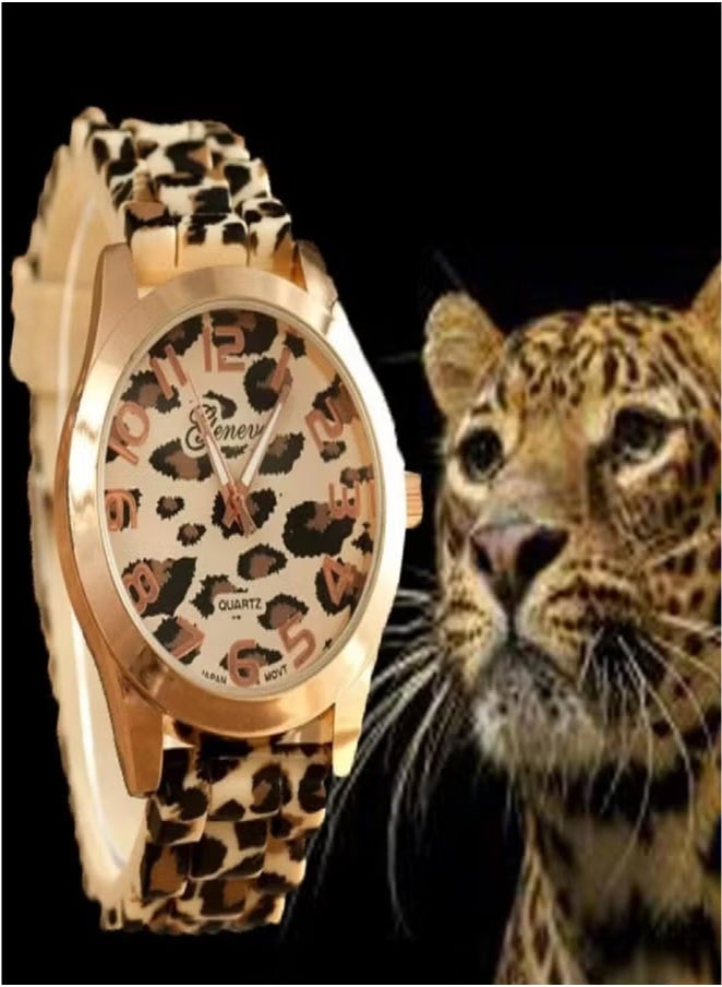 جنيفا ساعة يد نسائية شريط مطاطي مرقطة لون تايجر نمر - Image 3