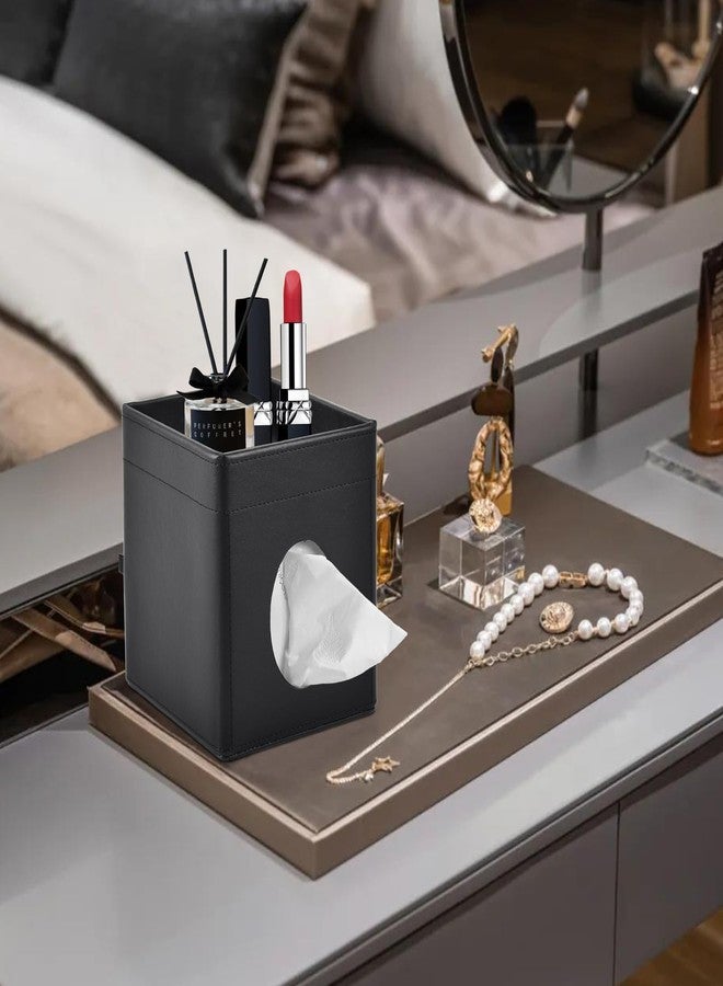 XNONE Tissue Box Cover Square Tissue Box Holder PU Leather Facial Tissues Organizer with Storage Tray for Bathroom Vanity Bedroom Office Car, Stylish Napkin Caddy Decorative Organizer (Black) - Image 2