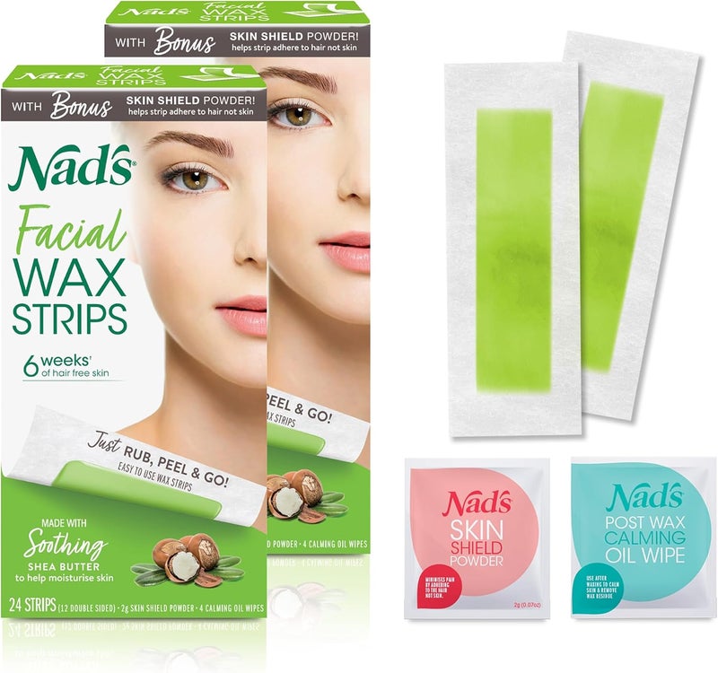 Nad's Facial Wax Strips - Hair Removal Waxing Kit for Women with 48 Strips, 8 Calming Oil Wipes, and Skin Protection Powder - Image 1