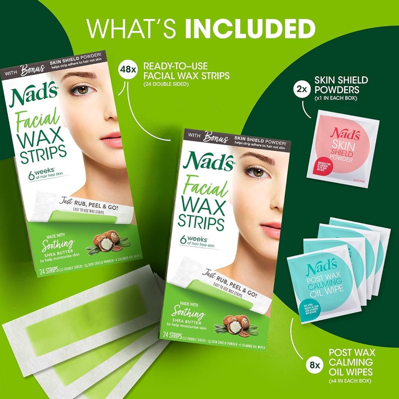 Nad's Facial Wax Strips - Hair Removal Waxing Kit for Women with 48 Strips, 8 Calming Oil Wipes, and Skin Protection Powder - Image 2
