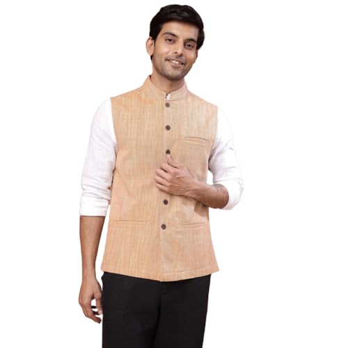 Fabindia Beige Cotton Woven Nehru Jacket - Image 1