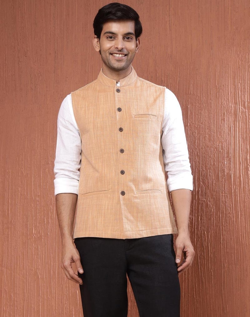 Fabindia Beige Cotton Woven Nehru Jacket - Image 2