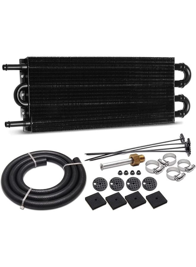 طقم مبرد زيت ناقل الحركة 5/16 بوصة، طقم مبرد أنبوب وزعانف فائق التبريد، مصنوع من سبائك الألومنيوم العالمية باللون الأسود (المقاس: 8 صفوف) - Image 1