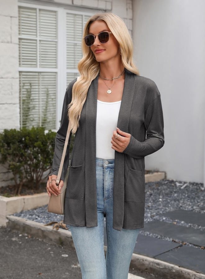 zeagoo Women's Lightweight Cardigan Sweaters Open Front Long Sleeve Casual Loose Thin Cardigans with Pockets 2025, Gray, S - Image 2