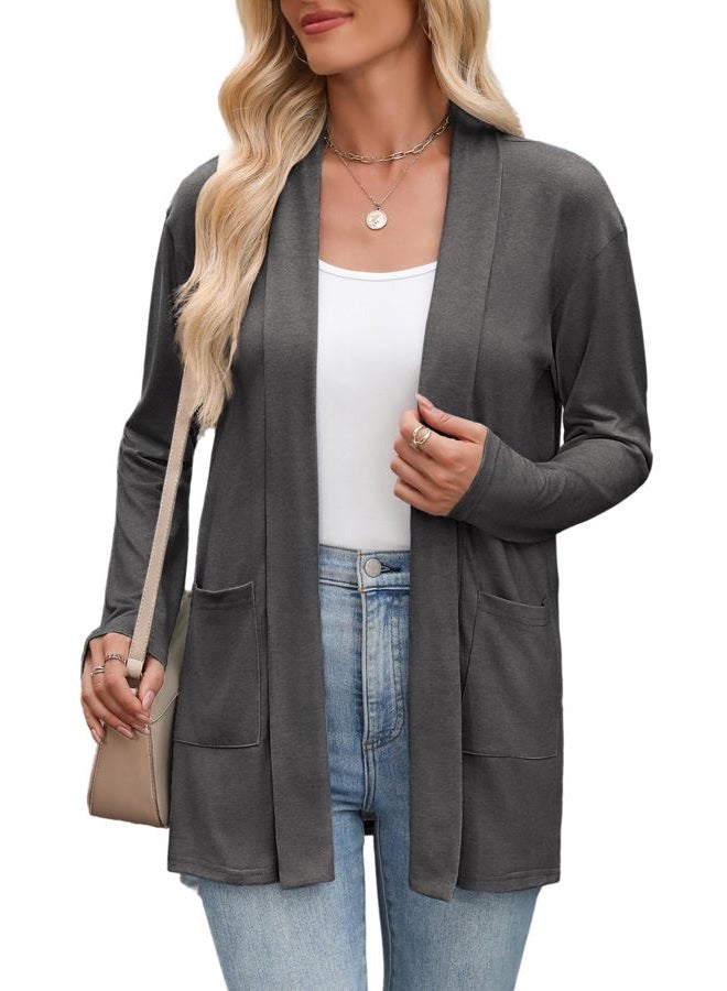 zeagoo Women's Lightweight Cardigan Sweaters Open Front Long Sleeve Casual Loose Thin Cardigans with Pockets 2025, Gray, S - Image 1