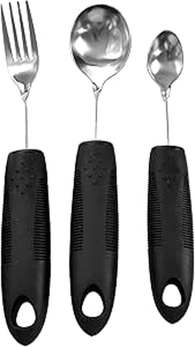 Adaptive Utensils Set 3 Piece Weighted Comfort Grip Fork Spoon Small Spoon Black Handle - Image 1