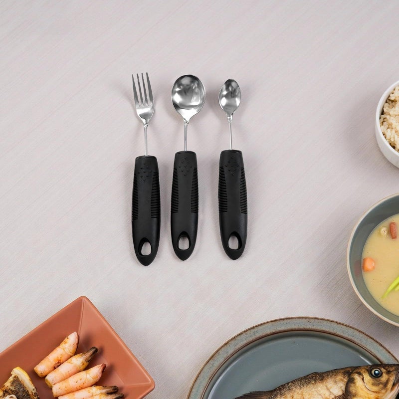 Adaptive Utensils Set 3 Piece Weighted Comfort Grip Fork Spoon Small Spoon Black Handle - Image 4
