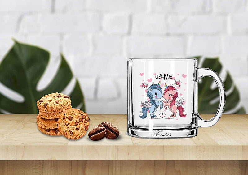 TONKWALAS Unicorn Couple U & Me Printed Transparent Glass Coffee and Tea Mug Gift Ideal for Him/Her (325 ML) - Image 2