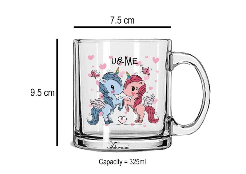 TONKWALAS Unicorn Couple U & Me Printed Transparent Glass Coffee and Tea Mug Gift Ideal for Him/Her (325 ML) - Image 3