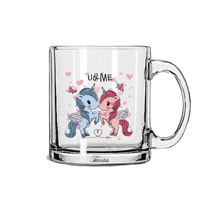 TONKWALAS Unicorn Couple U & Me Printed Transparent Glass Coffee and Tea Mug Gift Ideal for Him/Her (325 ML) - Image 5