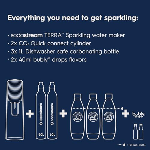 SodaStream صودا ستريم - صانع المياه الغازية تيرا | حزمة قيمة | نظام CQC CO2 | يتضمن 2x أسطوانات CO2، 3x زجاجات آمنة في غسالة الصحون سعة 32 أونصة، 2x قطرات نكهة بوبلي | دمج مع نكهات بيبسي | أبيض - Image 3