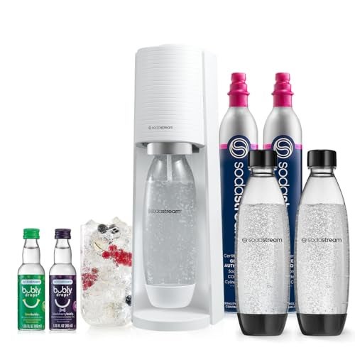 SodaStream صودا ستريم - صانع المياه الغازية تيرا | حزمة قيمة | نظام CQC CO2 | يتضمن 2x أسطوانات CO2، 3x زجاجات آمنة في غسالة الصحون سعة 32 أونصة، 2x قطرات نكهة بوبلي | دمج مع نكهات بيبسي | أبيض - Image 1