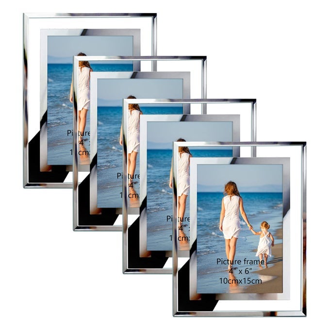 BULK 4X6 PICTURE FRAMES 4 PACKS SILVER PHOTO FRAMES 4 BY 6 GLASS WEDDING FRAMES 4X6 CLEAR MIRROR WEDDING PHOTO FRAMES ONLY FOR TABLETOP DISPLAY VERTICALLY OR HORIZONTALLY