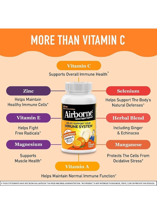 Airborne Airborne 1000mg Chewable Tablets with Zinc, Immune Support Supplement with Powerful Antioxidants Vitamins A C & E - 200 Tablets, Citrus Flavor - Image 3