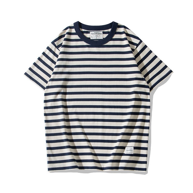 Okonkwo Ami Khaki 230G Thick Heavy Round Neck T-Shirt Sea Soul Shirt Retro Stripesd Short-Sleeved T-Shirt - Image 1
