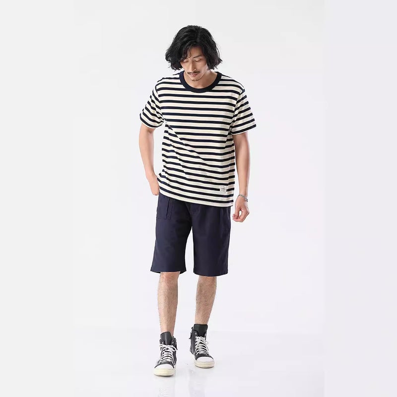 Okonkwo Ami Khaki 230G Thick Heavy Round Neck T-Shirt Sea Soul Shirt Retro Stripesd Short-Sleeved T-Shirt - Image 5