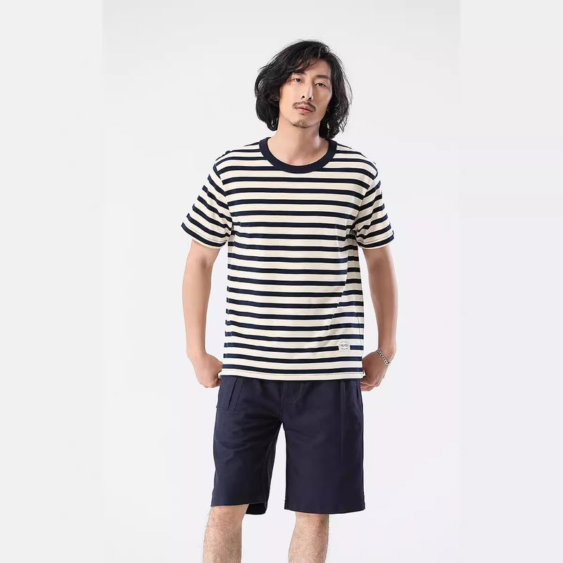 Okonkwo Ami Khaki 230G Thick Heavy Round Neck T-Shirt Sea Soul Shirt Retro Stripesd Short-Sleeved T-Shirt - Image 3