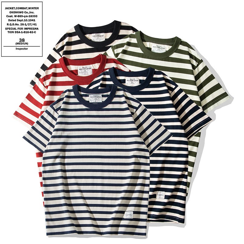 Okonkwo Ami Khaki 230G Thick Heavy Round Neck T-Shirt Sea Soul Shirt Retro Stripesd Short-Sleeved T-Shirt - Image 2