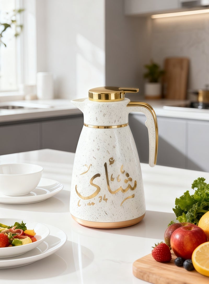 Beautiful White ink dot shell + gold inner thermos Home and office thermos plastic shell + glass liner 1.0L - Image 1