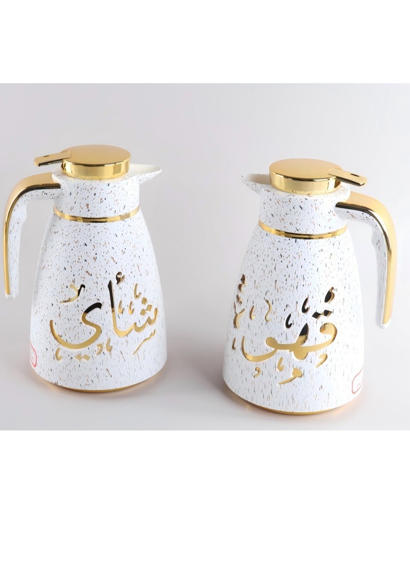 بيوتيفول - ترمس داخلي ذهبي بعلامات حفر بيضاء، للاستخدام المنزلي والمكتب، غلاف بلاستيكي + بطانة زجاجية، سعة 1.0 لتر - Image 1