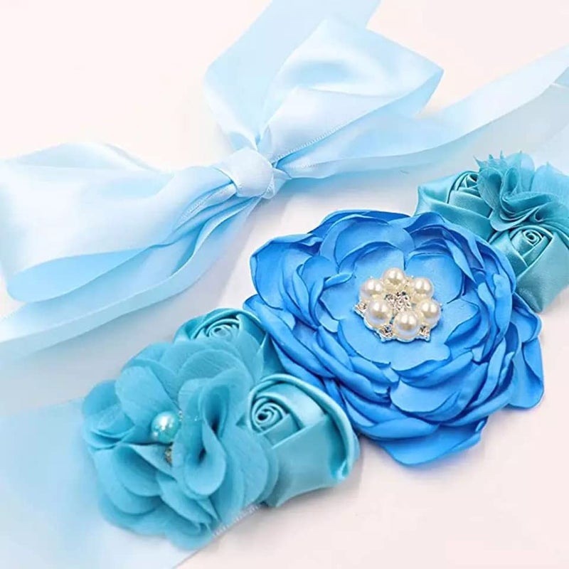 Gdto8820 Coolerthingsdg 3 قطع 2 شارات وحزام أزرق فاتح مجموعة وشاح الأمومة والأب ليكون كورسيج - وشاح استحمام الطفل طفل رضيع وشاح الحمل تذكار استحمام الطفل زهرة حزام البطن - Image 2
