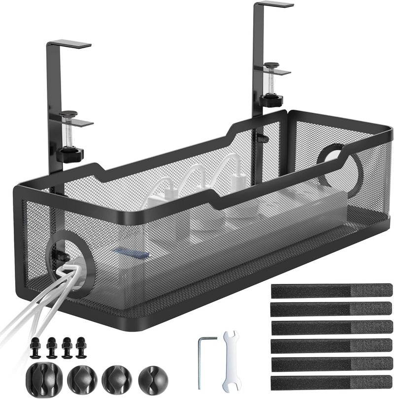 Under Desk Cable Management Tray Black, Cable Management Under Desk No Drill, Cable Tray with Clamp for Desk Wire Management,Desk Cable Management Box for Office, Home - No Damage to Desk  - Image 1