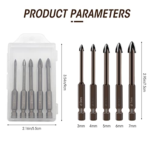 Serplex® 5Pcs Glass Tile Concrete Drill Bit Set, Multi-Function Triangle Cross Alloy Drill Bit Tip Tools, Hex Shank Tungsten Carbide Tip Drilling Tools for Glass, Ceramic Tile Wall, and Wood (3-7 mm) - Image 2