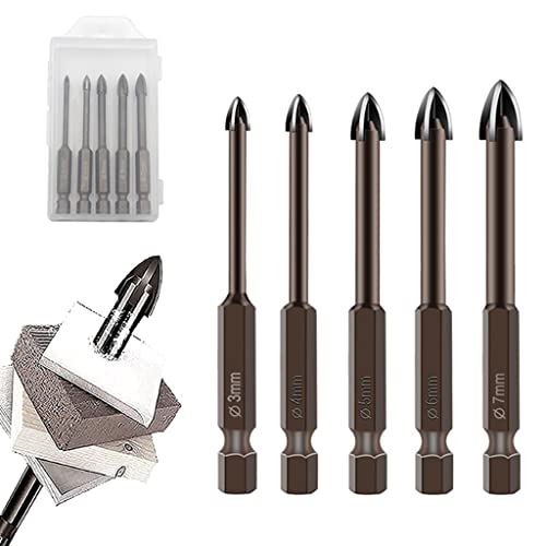 Serplex® 5Pcs Glass Tile Concrete Drill Bit Set, Multi-Function Triangle Cross Alloy Drill Bit Tip Tools, Hex Shank Tungsten Carbide Tip Drilling Tools for Glass, Ceramic Tile Wall, and Wood (3-7 mm) - Image 1