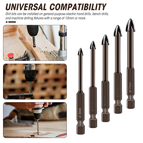 Serplex® 5Pcs Glass Tile Concrete Drill Bit Set, Multi-Function Triangle Cross Alloy Drill Bit Tip Tools, Hex Shank Tungsten Carbide Tip Drilling Tools for Glass, Ceramic Tile Wall, and Wood (3-7 mm) - Image 5