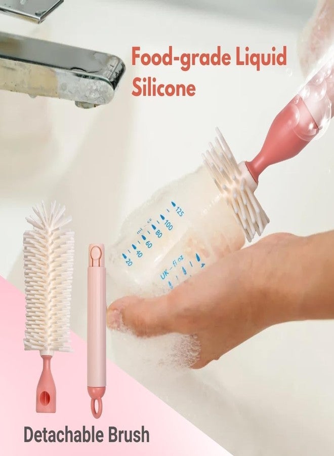 LOOKMINT Baby Bottle Cleaning Brush Set, 6-Piece Portable Cleaning Kit with Drying Rack, Silicone Bottle Brush, Nipple Brush, Straw Cleaner, Soap Dispenser, Pink - Image 4