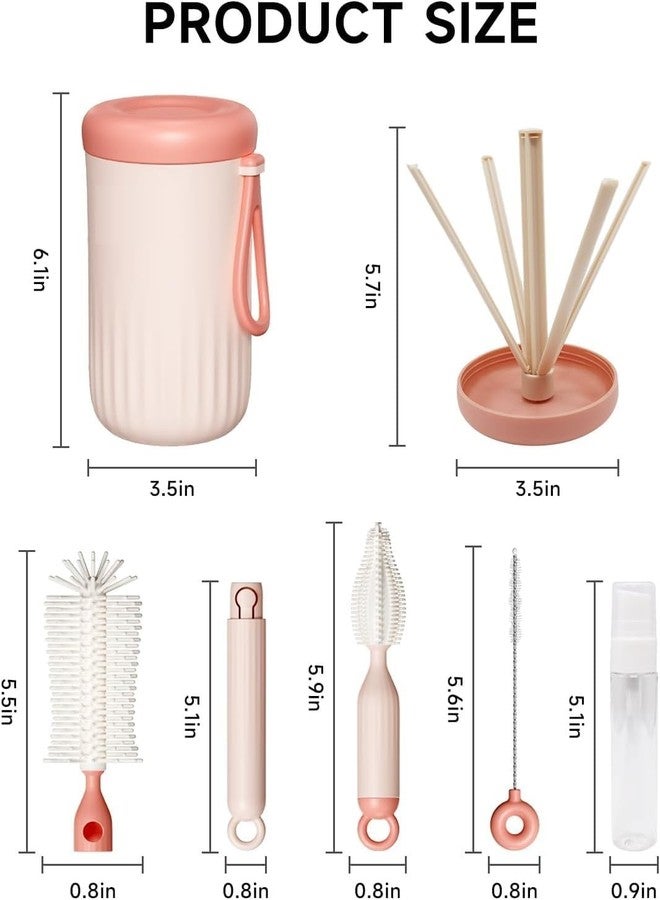 LOOKMINT Baby Bottle Cleaning Brush Set, 6-Piece Portable Cleaning Kit with Drying Rack, Silicone Bottle Brush, Nipple Brush, Straw Cleaner, Soap Dispenser, Pink - Image 2