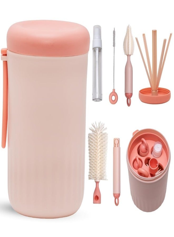 LOOKMINT Baby Bottle Cleaning Brush Set, 6-Piece Portable Cleaning Kit with Drying Rack, Silicone Bottle Brush, Nipple Brush, Straw Cleaner, Soap Dispenser, Pink - Image 1