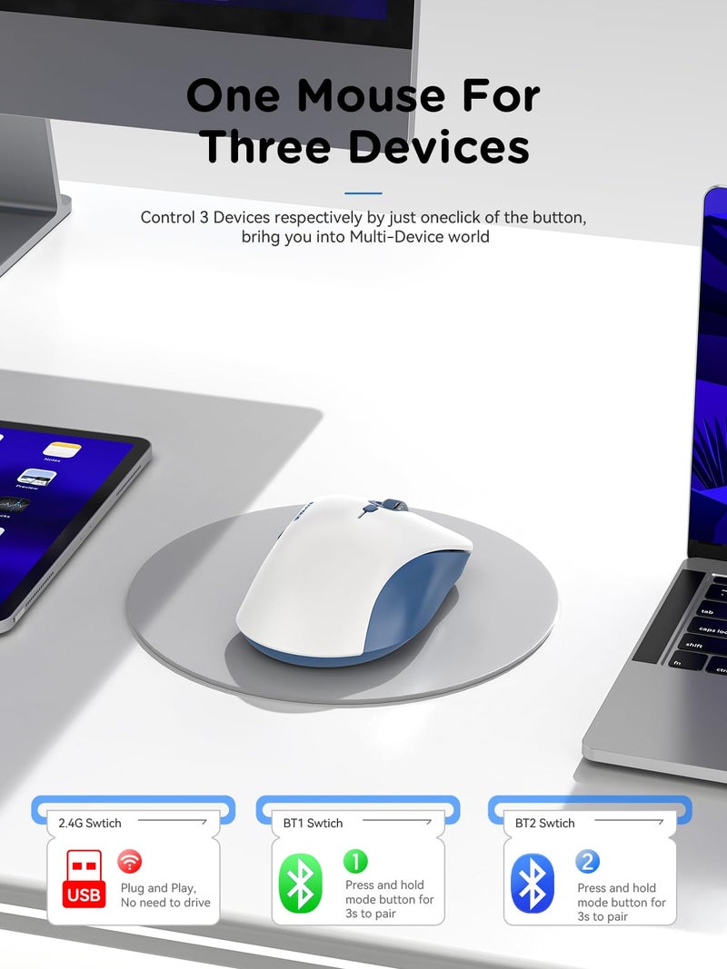RAPIQUE Bluetooth Wireless Mouse - Dual Bluetooth & 2.4 GHz USB Receiver, Ergonomic Design, Quiet Clicks, Low Power - Multi-Device Compatibility for MacBook, Laptop, Computer (Blue and White) - Image 2