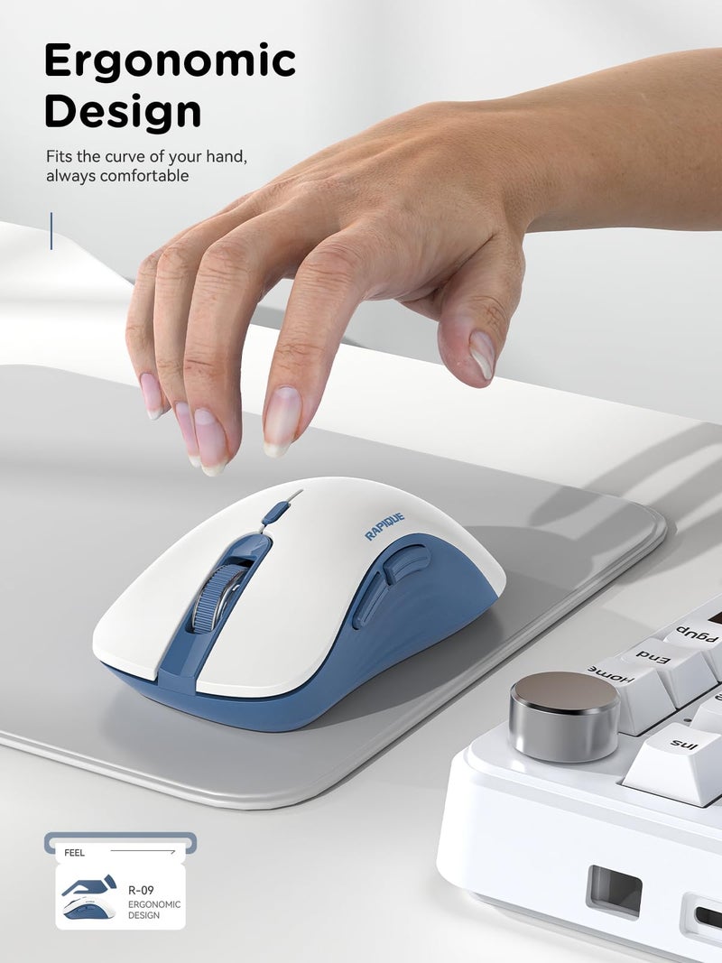 RAPIQUE Bluetooth Wireless Mouse - Dual Bluetooth & 2.4 GHz USB Receiver, Ergonomic Design, Quiet Clicks, Low Power - Multi-Device Compatibility for MacBook, Laptop, Computer (Blue and White) - Image 3
