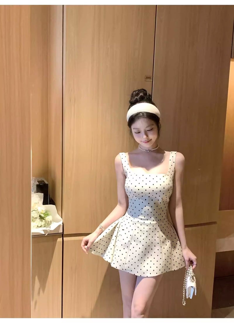 French Polka Dot Square Neck Sleeveless Dress for Women Summer A-Line - Image 4