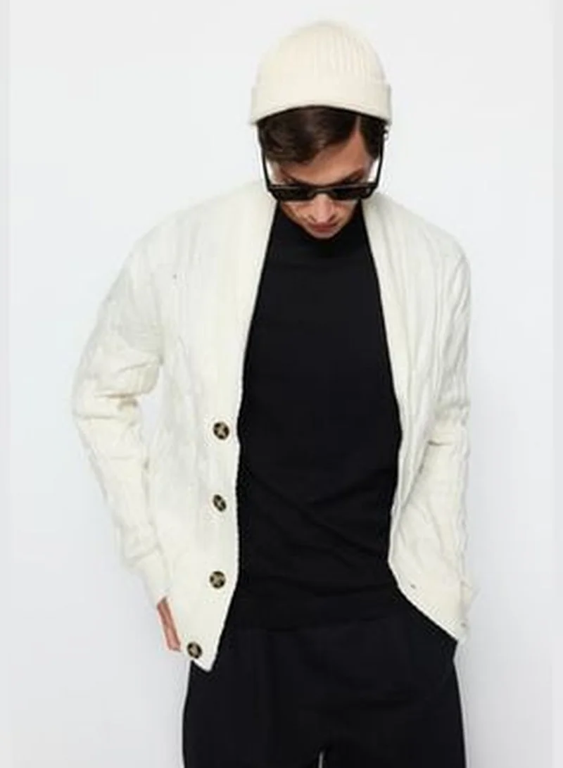 trendyol Ecru Men's Slim Fit Shawl Collar Knitwear Sweater Cardigan TMNAW20HI0028