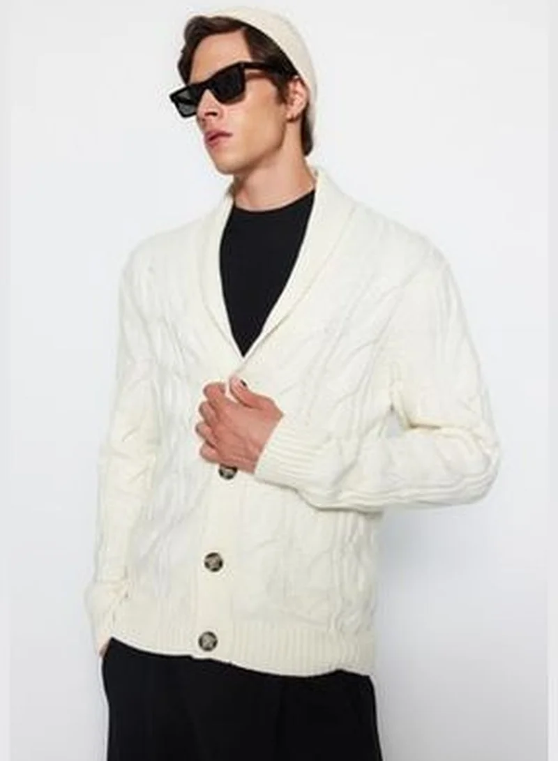 trendyol Ecru Men's Slim Fit Shawl Collar Knitwear Sweater Cardigan TMNAW20HI0028