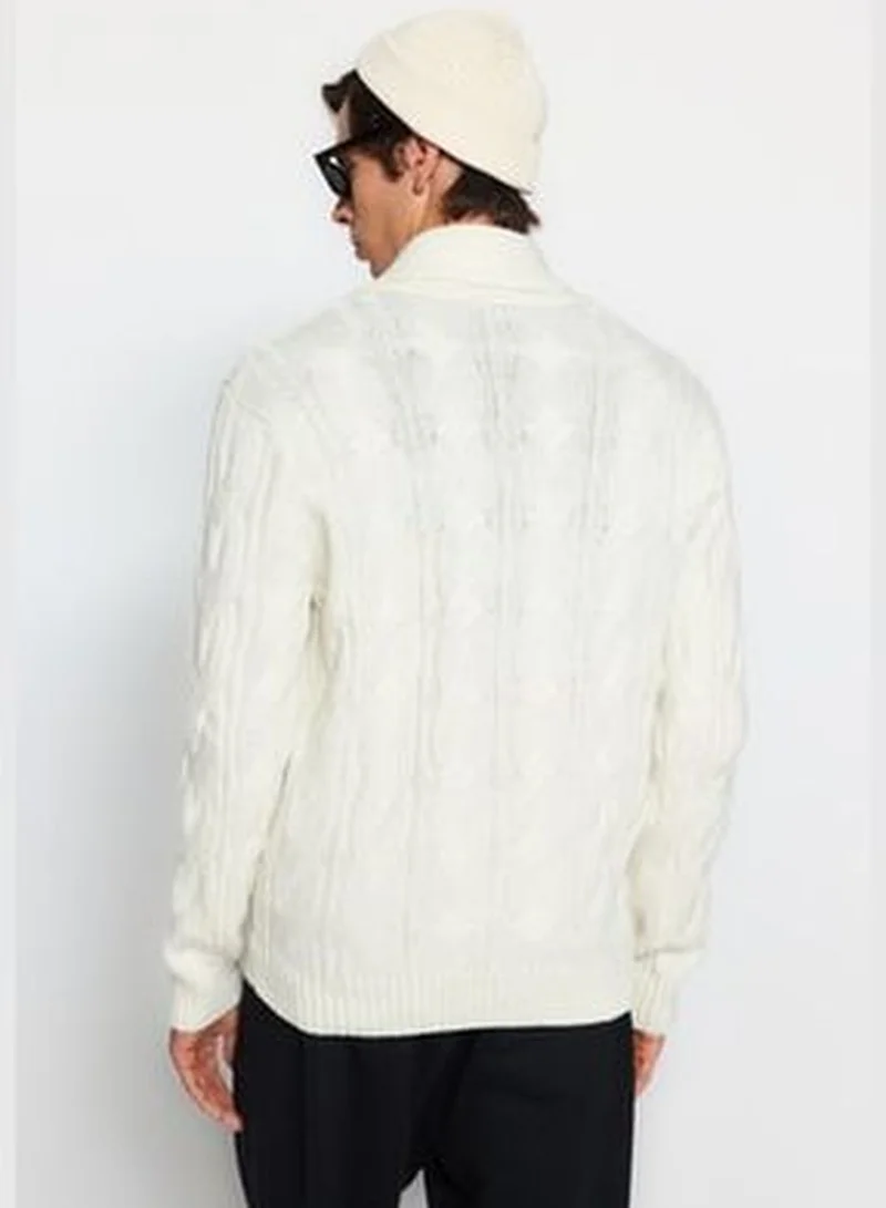 trendyol Ecru Men's Slim Fit Shawl Collar Knitwear Sweater Cardigan TMNAW20HI0028