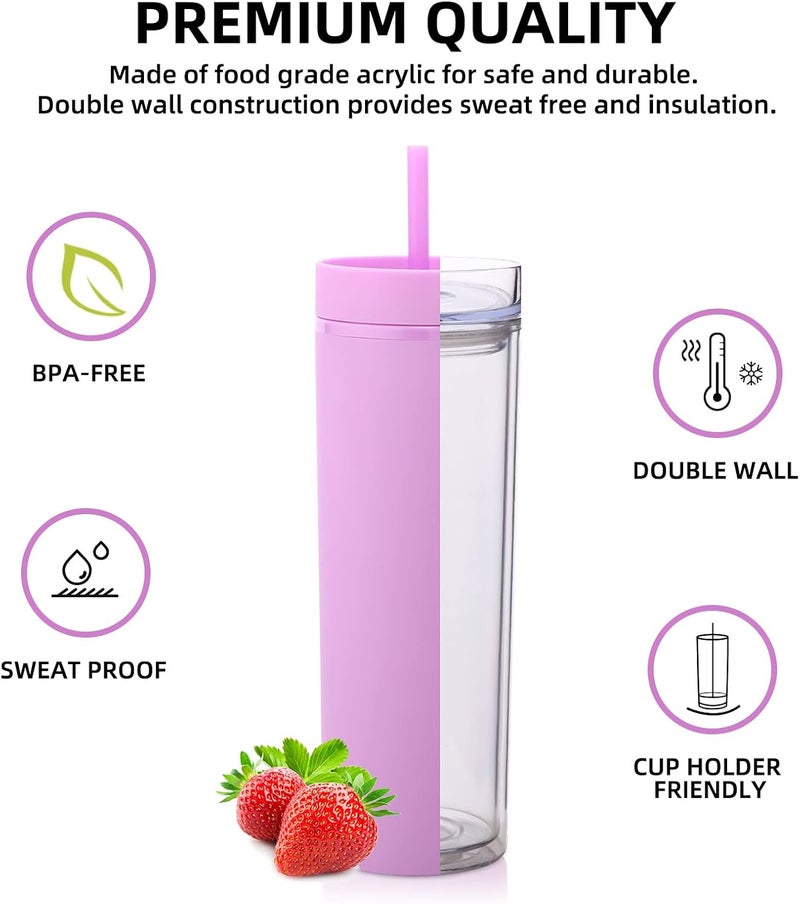 Volhoply كوب بلاستيكي نحيف من Volhoply سعة 20 أونصة، كوب ذو طبقتين مع غطاء وقشة، كوب قهوة مثلج قابل لإعادة الاستخدام أثناء السفر، أكواب ماء من الأكريليك المات مع قشة خالية من مادة BPA للاستخدام في الحفلات، هدية يمكن صنعها بنفسك (لون بنفسجي، مجموعة واحدة) - Image 2